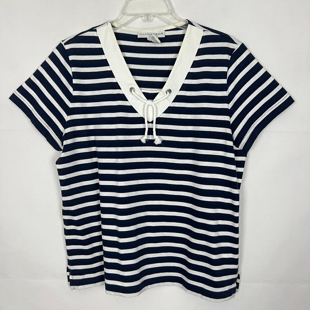 Sag Harbor 100% Cotton Striped V-Neck Top Size L